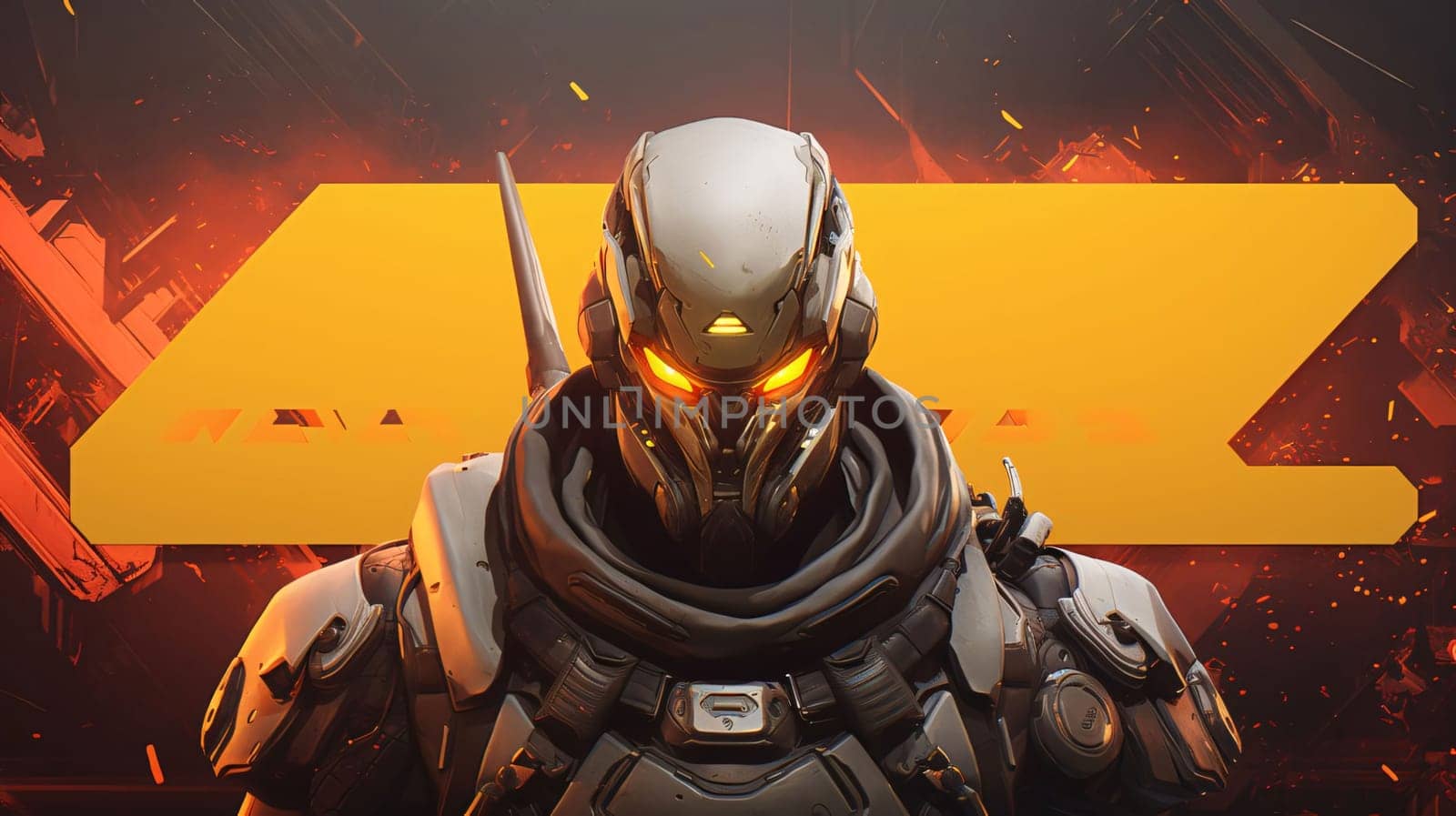 Banner: Futuristic cyber man in front of a futuristic background. 3d rendering