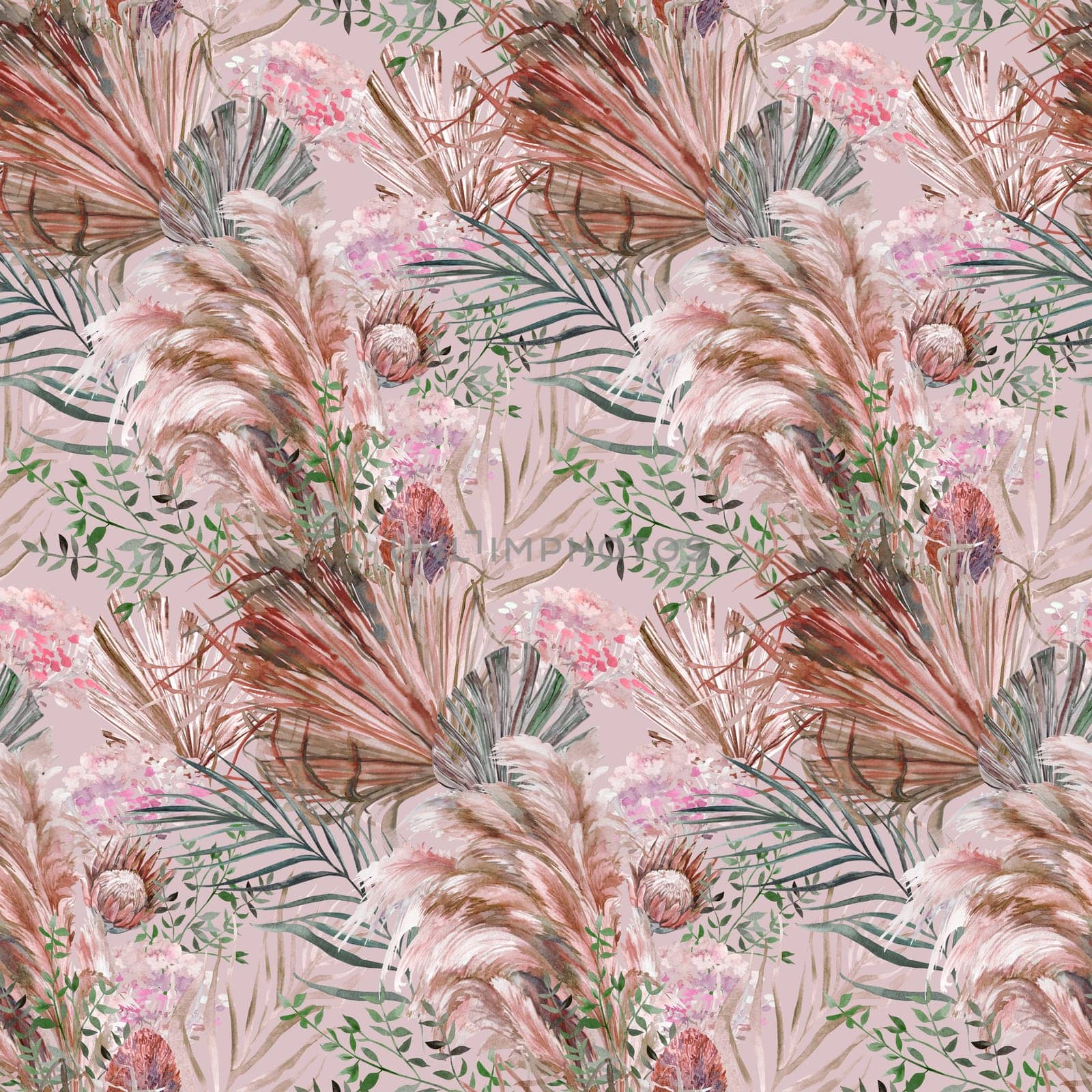 Watercolor seamless pattern with a herbarium of protea flowers and tropical palm leaves by MarinaVoyush