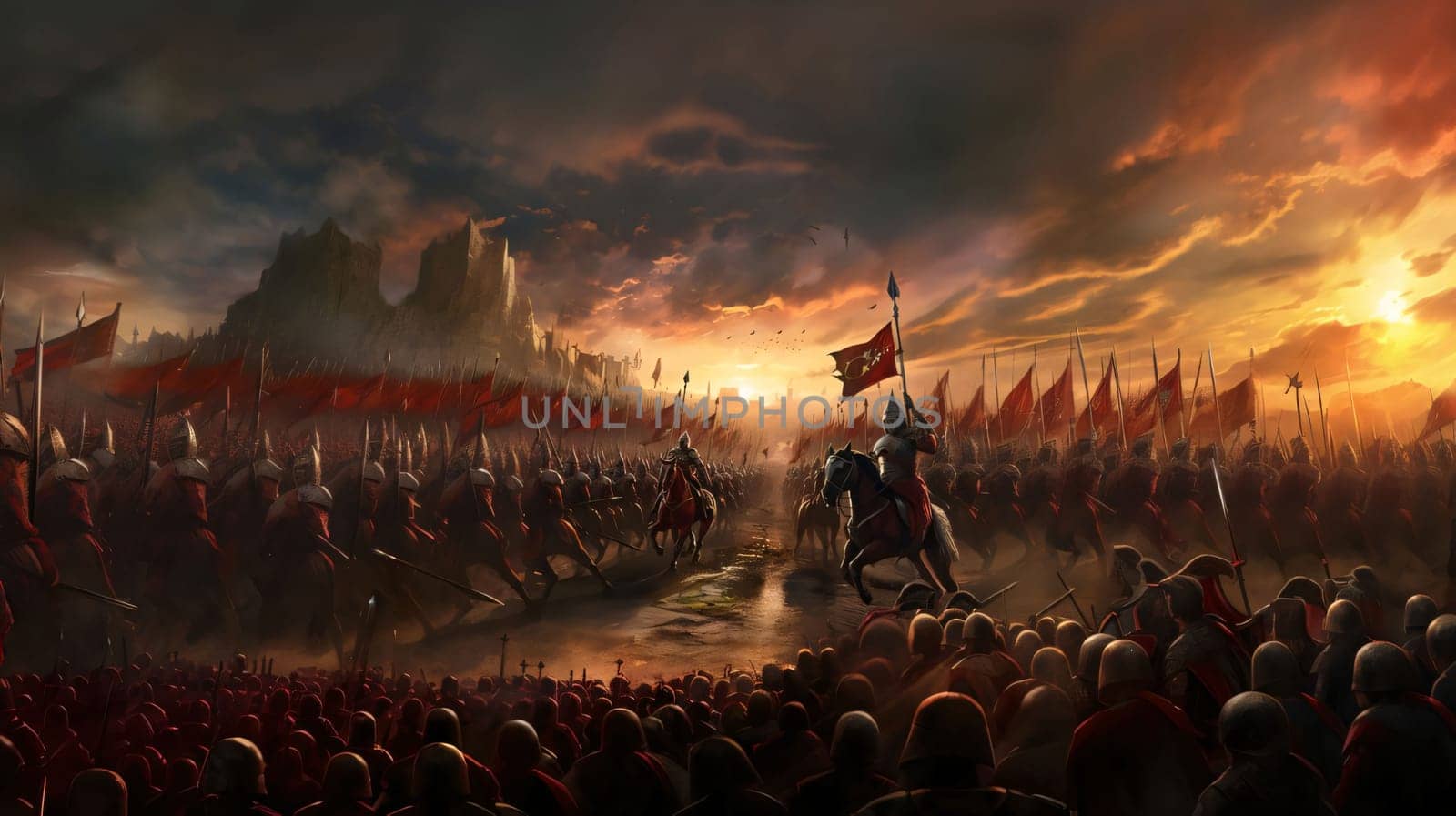 Banner: Medieval battle scene with cavalry and infantry. 3d render illustration