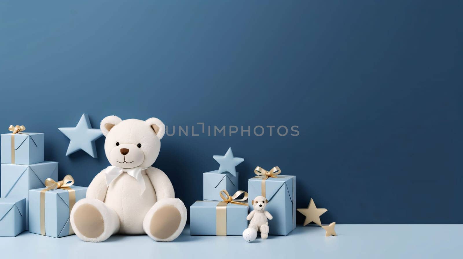 Banner: 3d render of white teddy bear with gift boxes on blue background