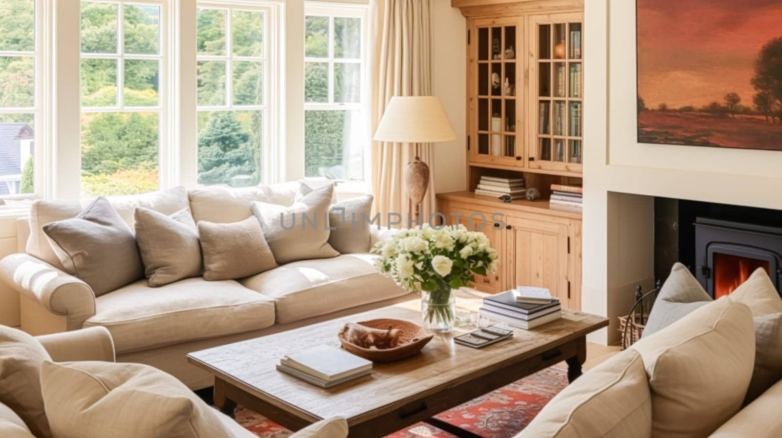 Interior design, home decor, sitting room and living room, white sofa and furniture in English country house and elegant cottage style idea