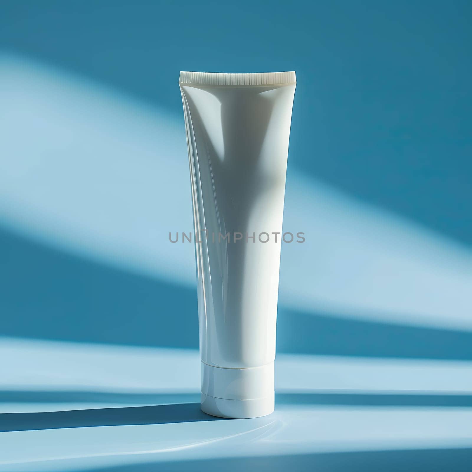 A white tube of cream rests on an electric blue surface by Nadtochiy