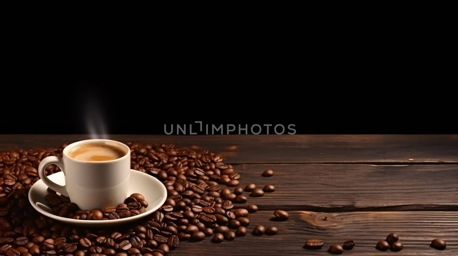Banner: Coffee cup and coffee beans on wooden table. Coffee background