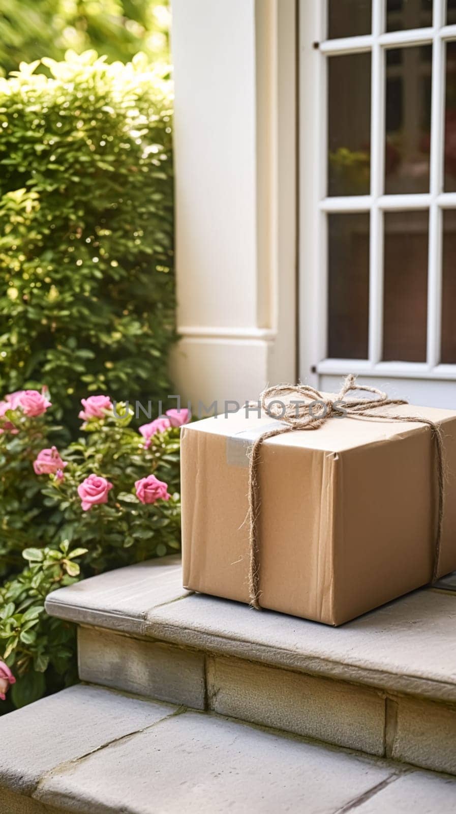 Elegant gift shop delivery, postal service and luxury online shopping, parcel box with a bow on a house doorstep in the countryside, generative ai by Anneleven