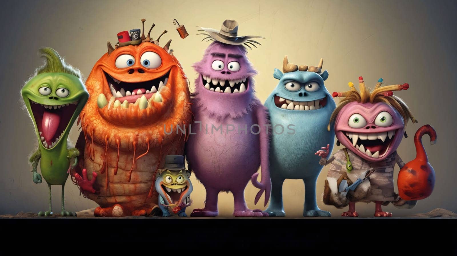 Group of cartoon monsters with different emotions. Halloween concept. 3d rendering by ThemesS