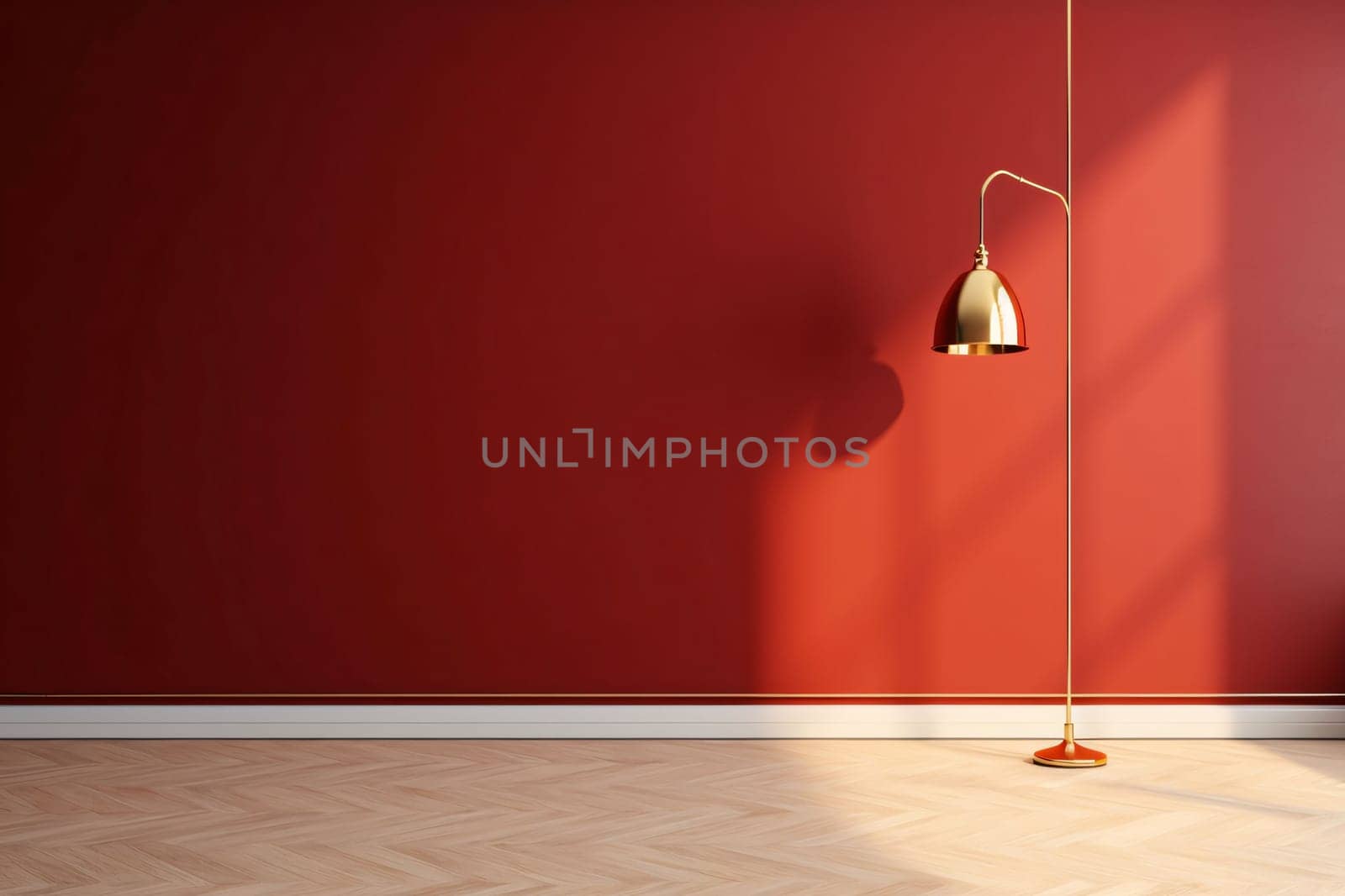 Interior design with red wall and floor lamp. 3d render by ThemesS