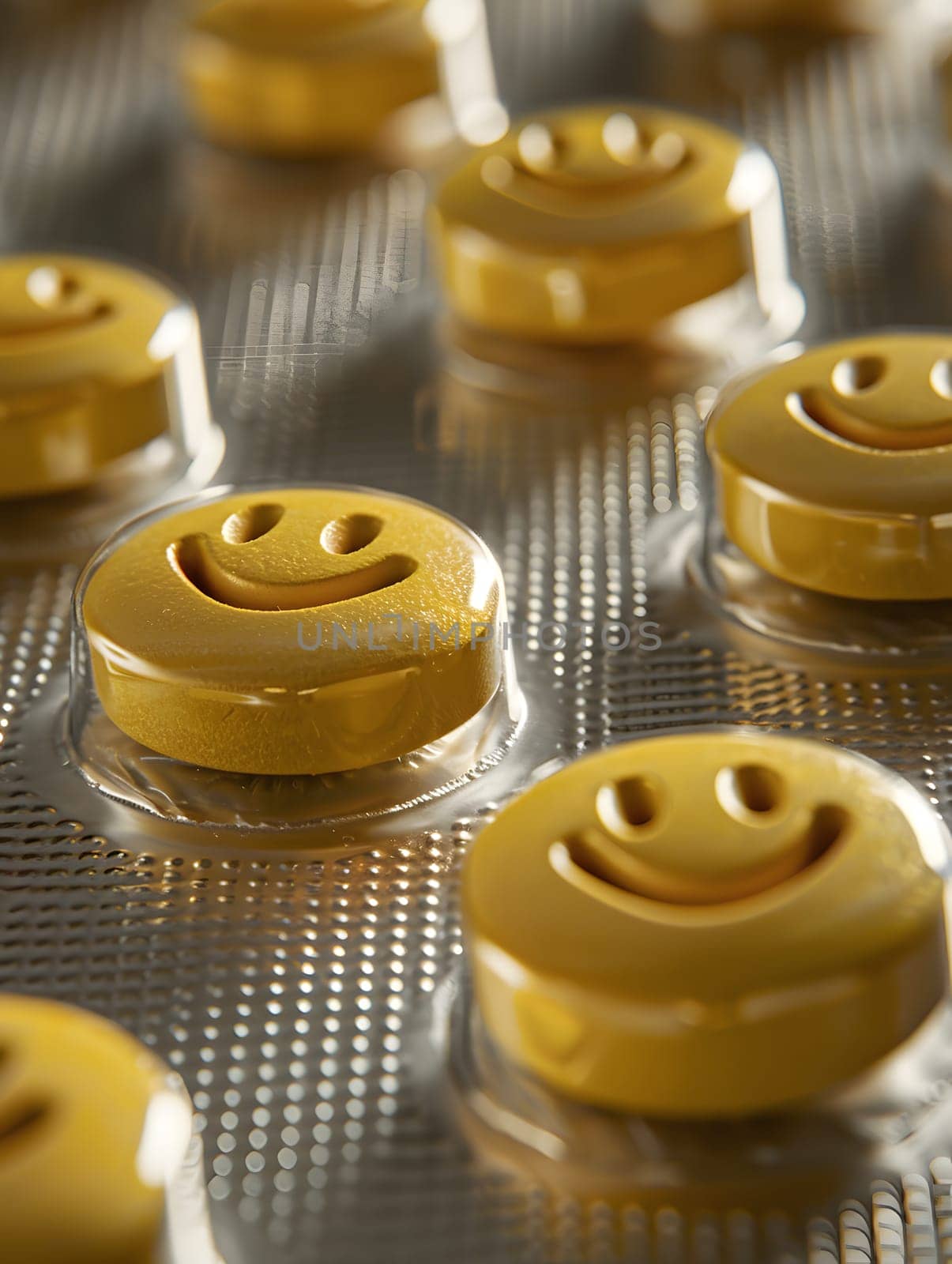 A batch of sunny yellow pills with cheerful smiley faces, reminiscent of finger foods or baked goods. Each one brimming with sweetness and sure to lift your spirits