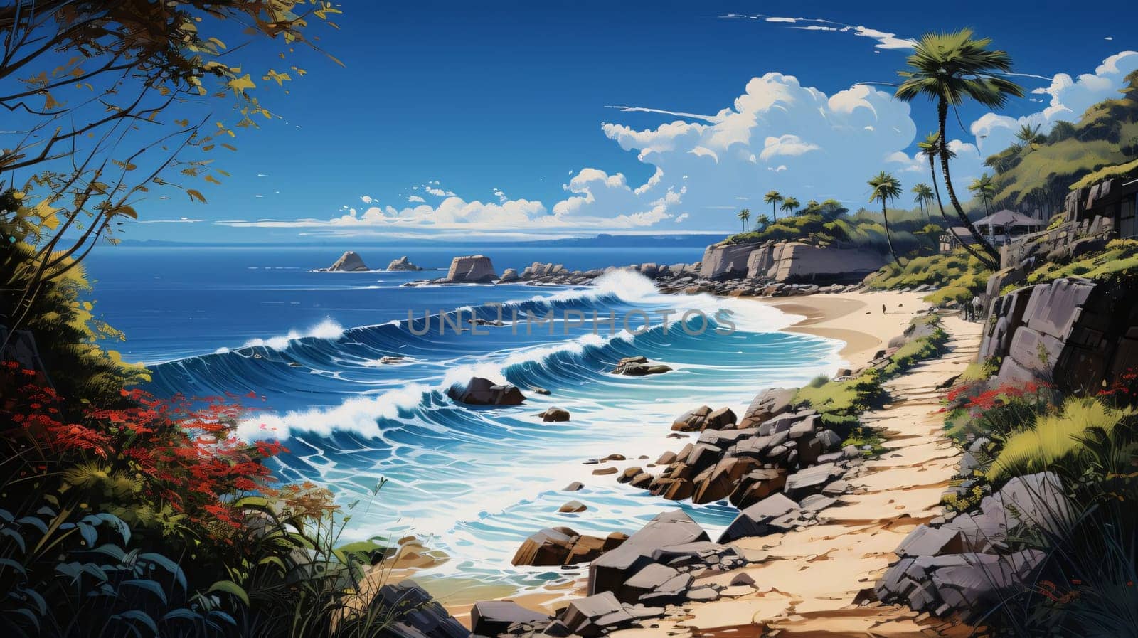 Digital painting of a beach with palm trees, rocks and ocean in the background by ThemesS