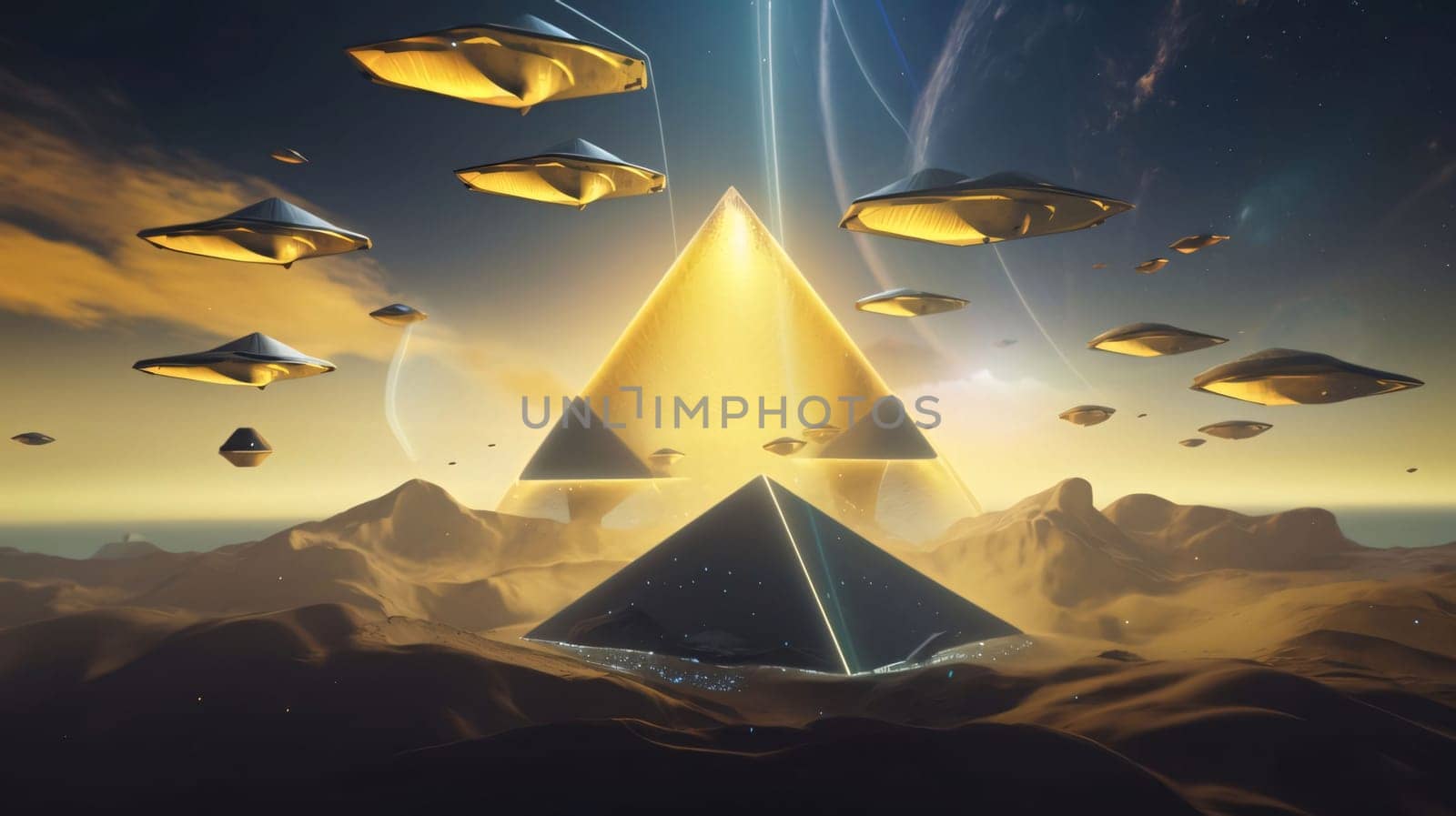 Banner: 3d illustration of a pyramid in the desert. 3d rendering