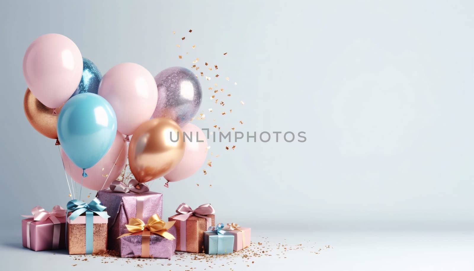 Banner: Gift boxes with balloons and confetti on light background. 3d rendering