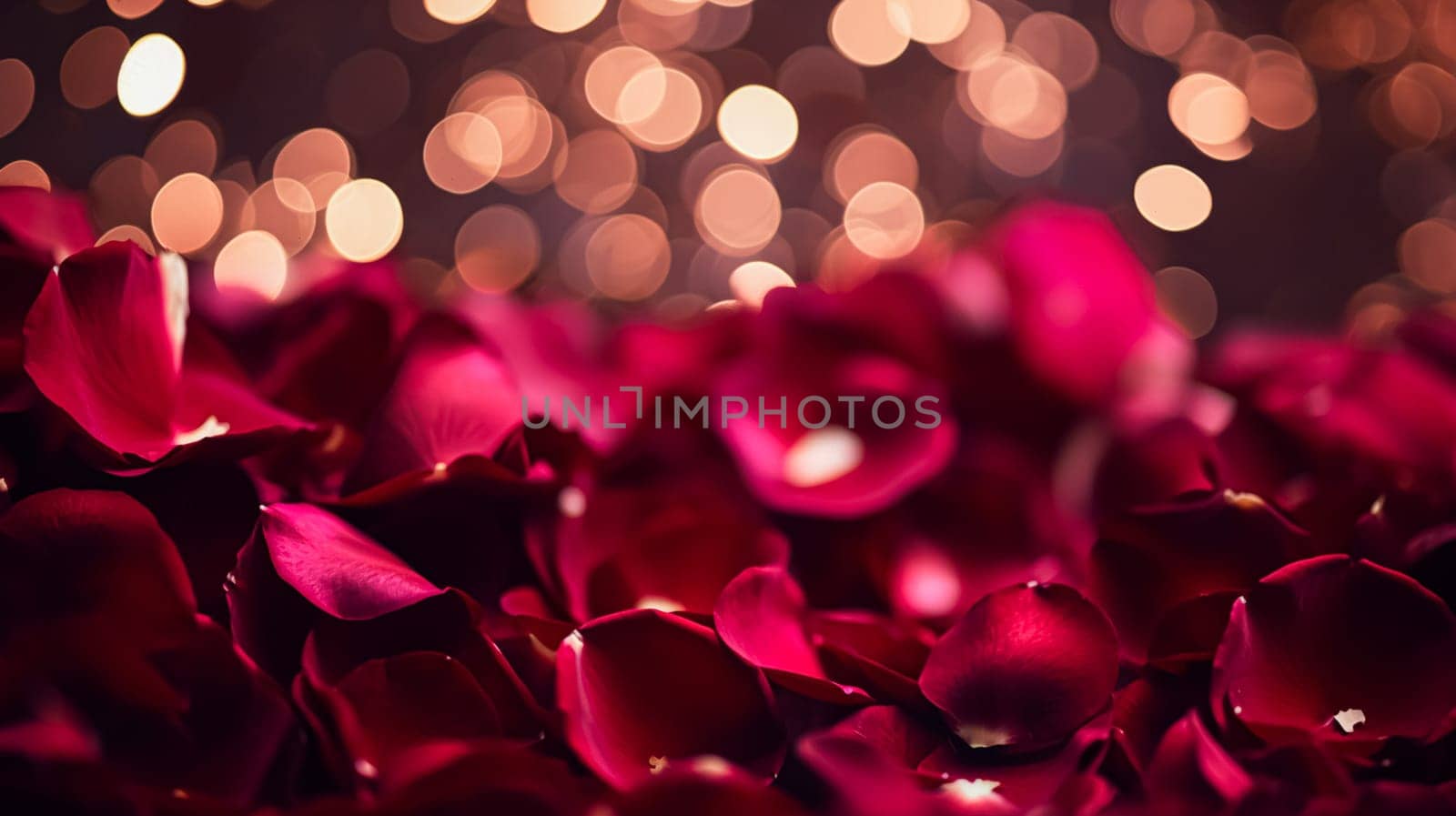 Valentines day background with red rose petals and bokeh lights, symbol of love, romance and commitment inspiration