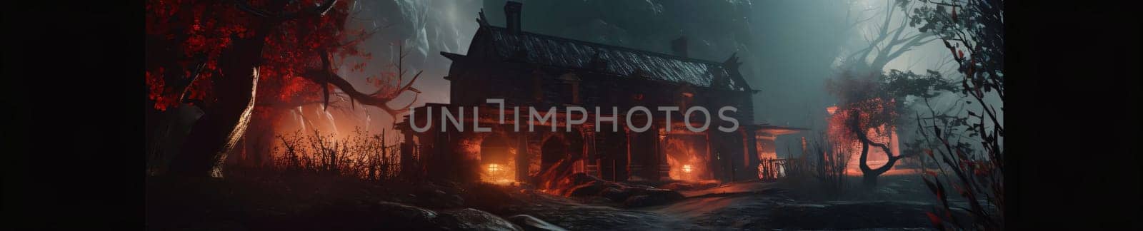 Halloween concept. Horror scene with haunted house at night. Horror Halloween background by ThemesS