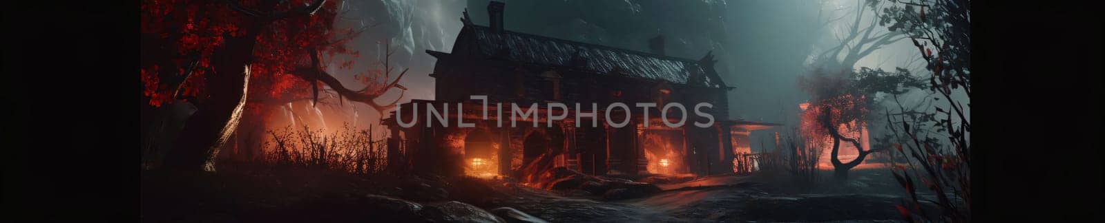 Banner: Halloween concept. Horror scene with haunted house at night. Horror Halloween background