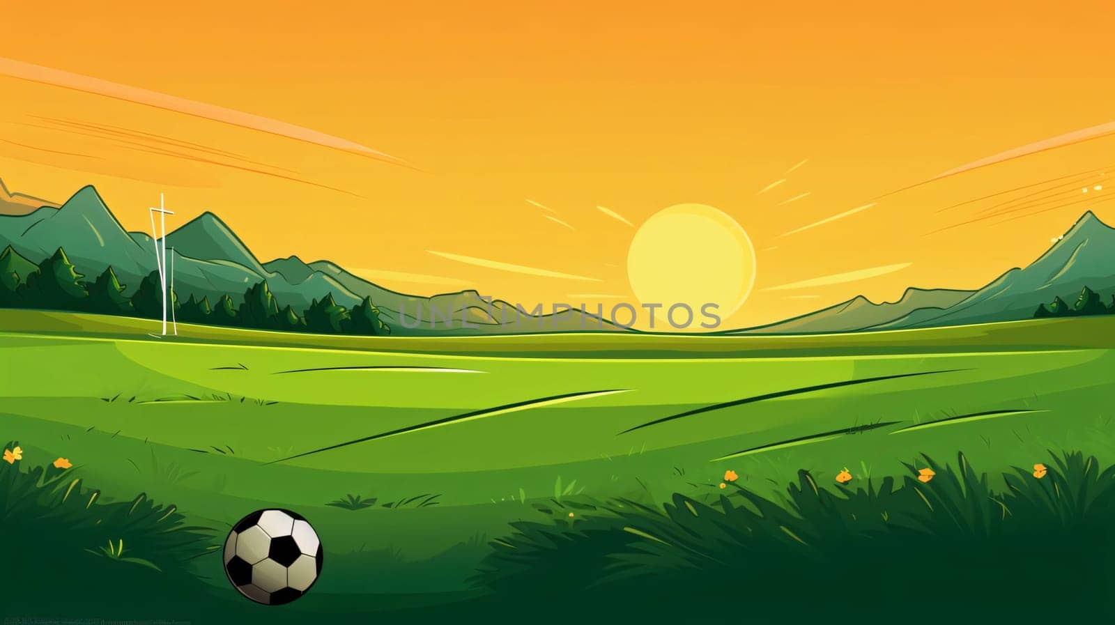 Banner: Illustration of a soccer field at sunset with a ball in the foreground
