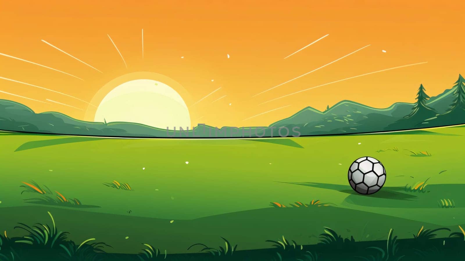 Banner: Illustration of a sunset with a soccer ball on a green field