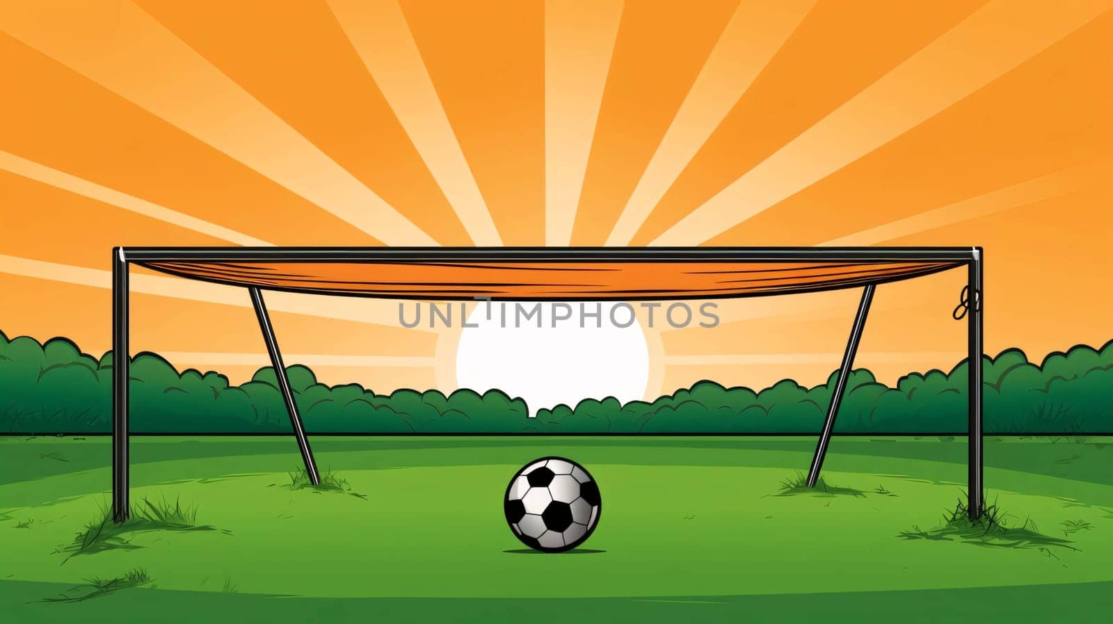 Banner: Soccer goal with ball on the field at sunset. Vector illustration