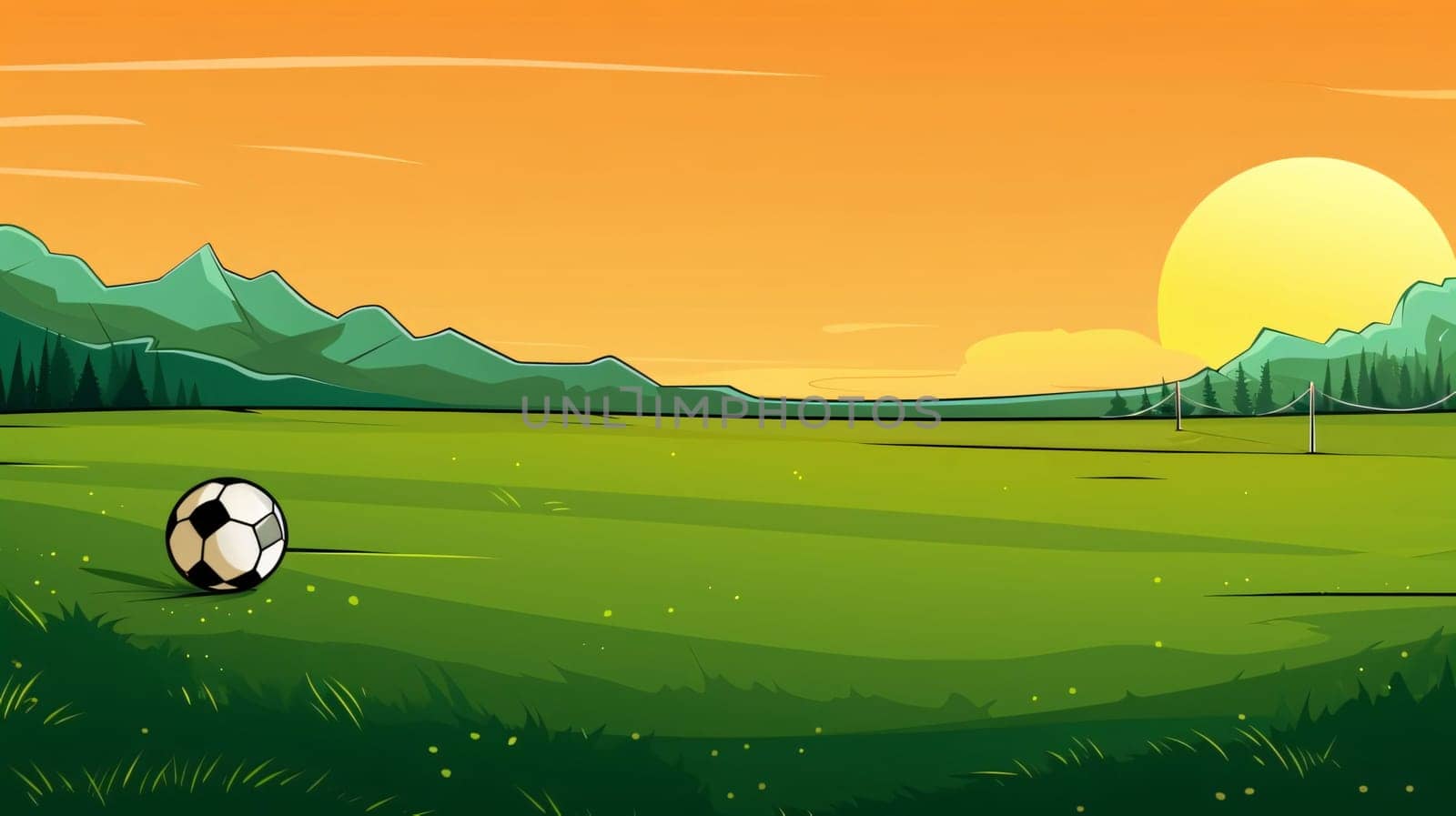 Banner: Illustration of a soccer ball on a green meadow at sunset