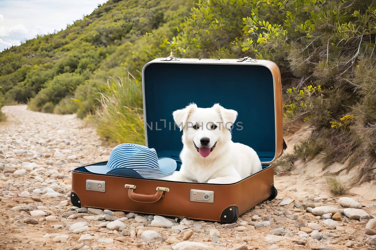 A curious dog perched on an open suitcase, ready for adventure during a vacation getaway