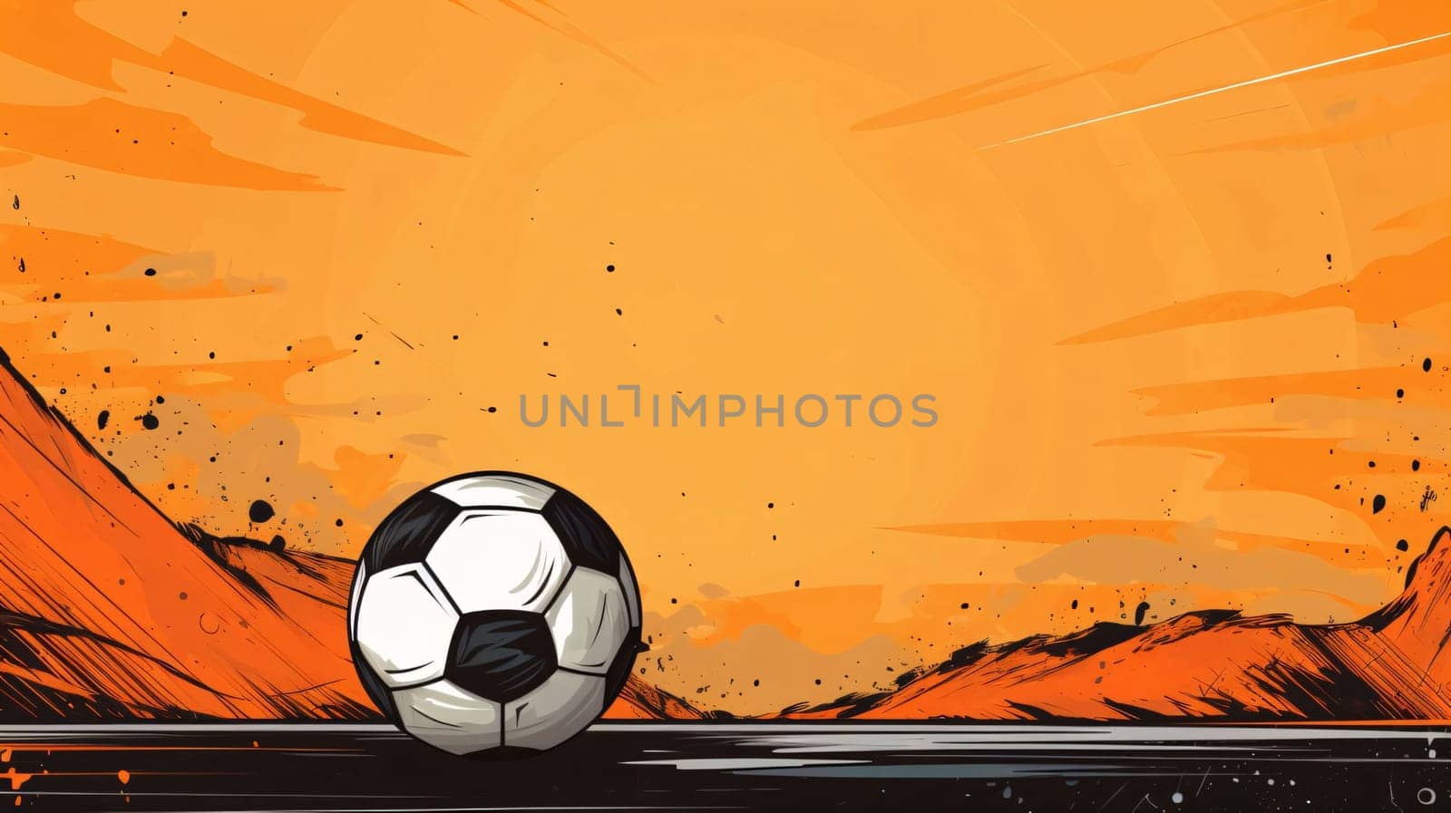Banner: Soccer ball on the background of the sunset. Vector illustration.