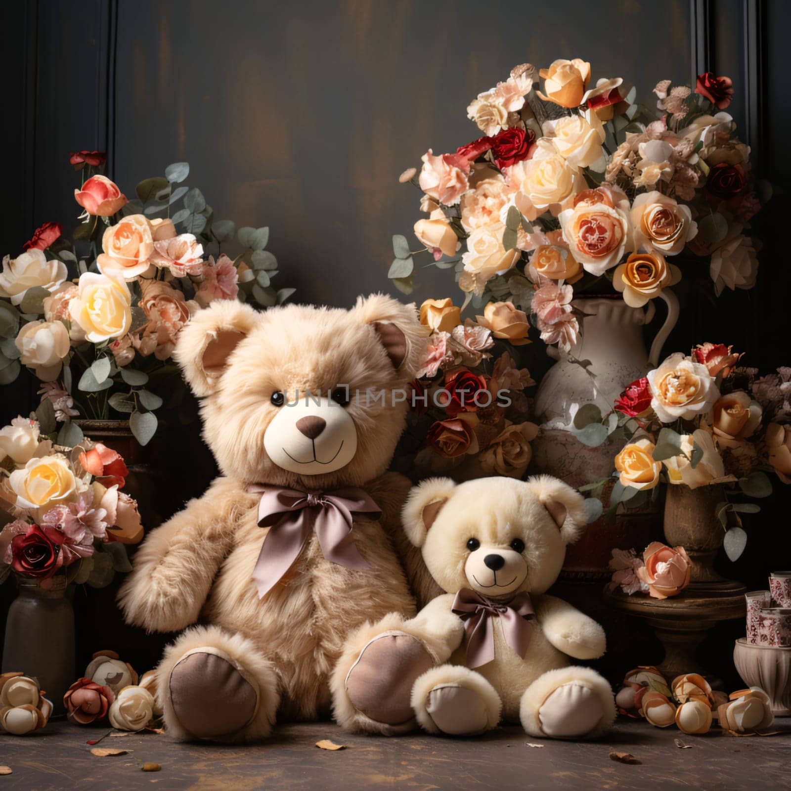 Teddy bear with flower bouquet on dark background, vintage style by ThemesS