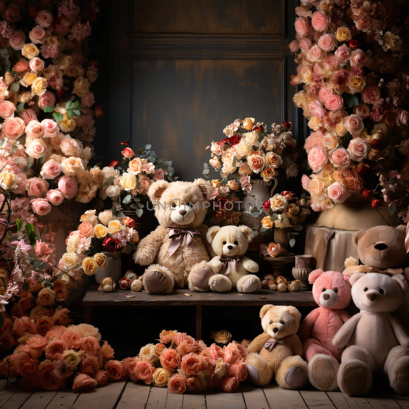 Teddy bear in a room decorated with roses. Toned. by ThemesS