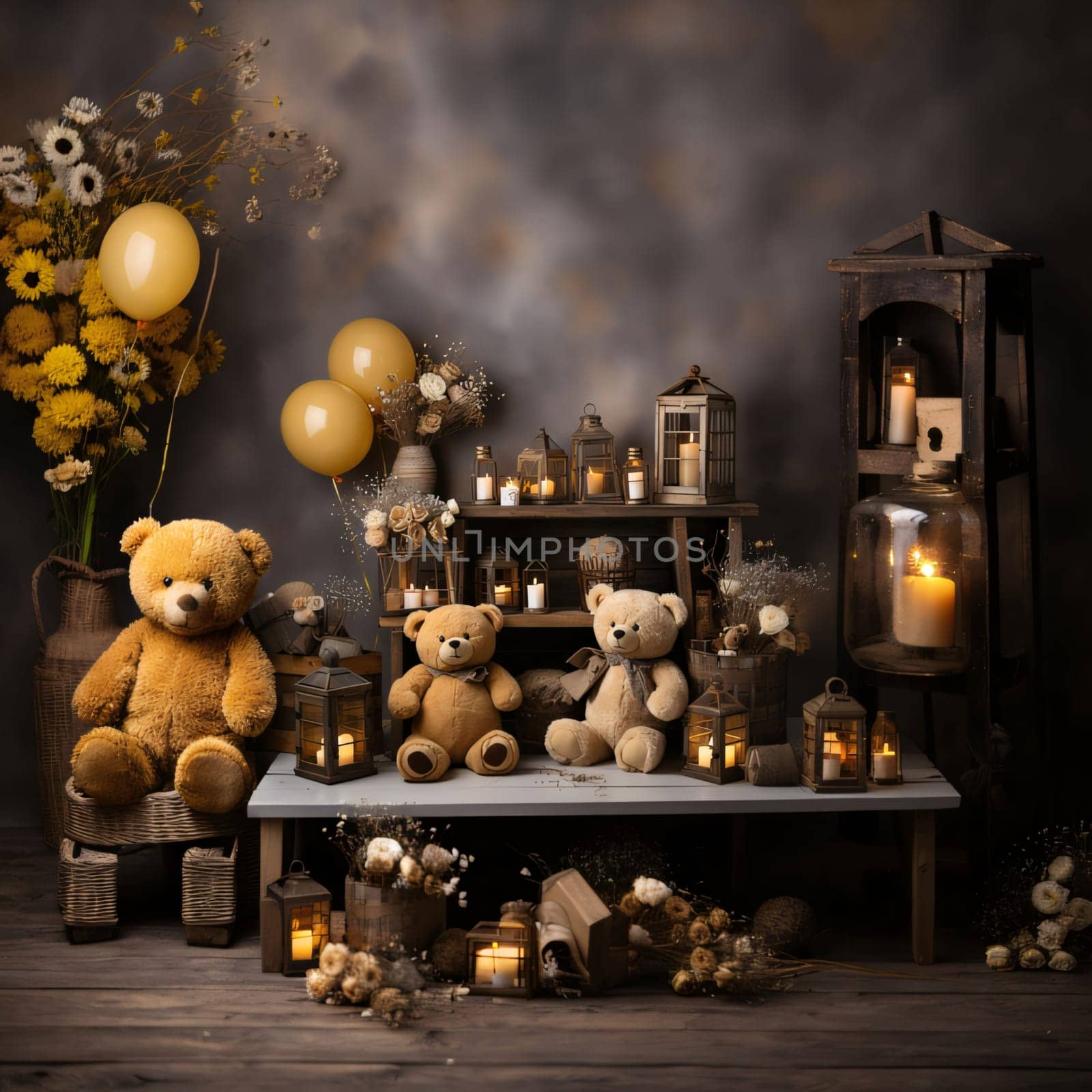 Banner: Still life with teddy bears, candles and flowers on wooden background