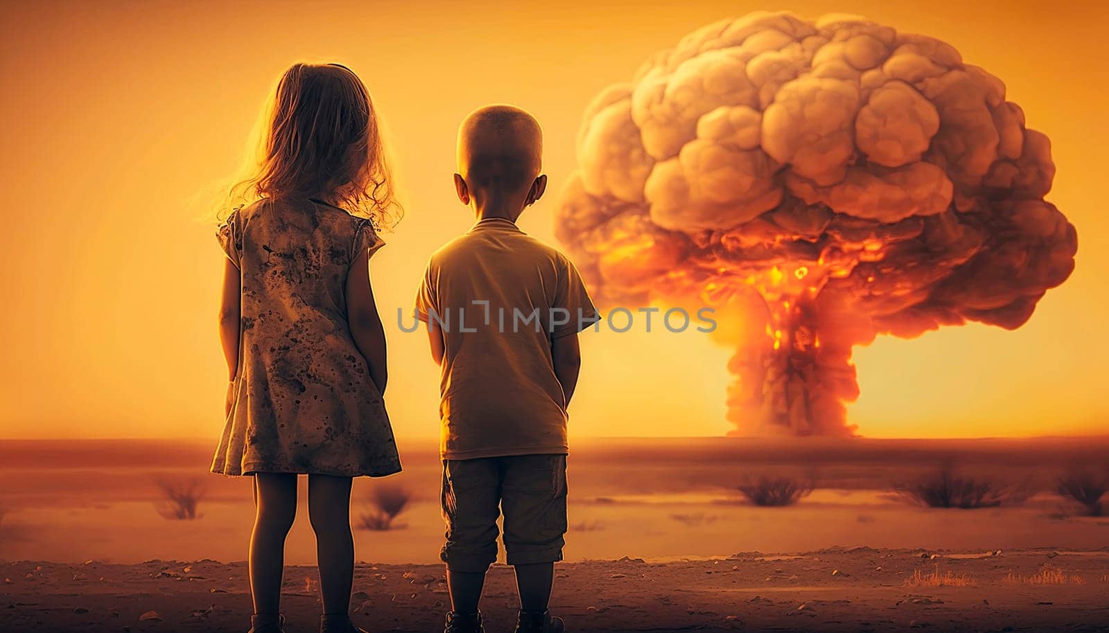 Children look at the nuclear explosion with their backs. Generative AI,