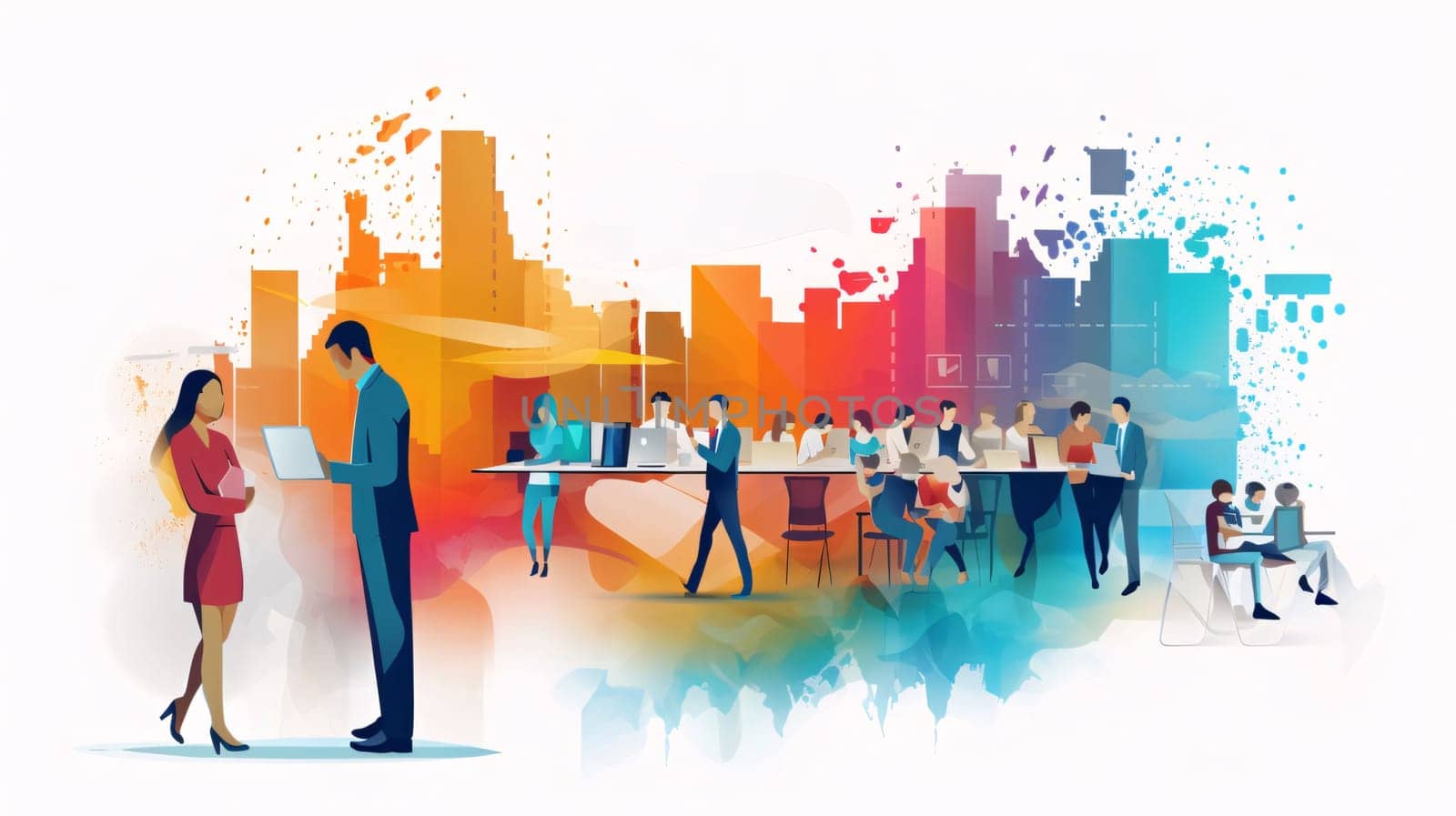 Banner: Business people meeting in the city. Businessmen and businesswomen at work. Vector illustration.