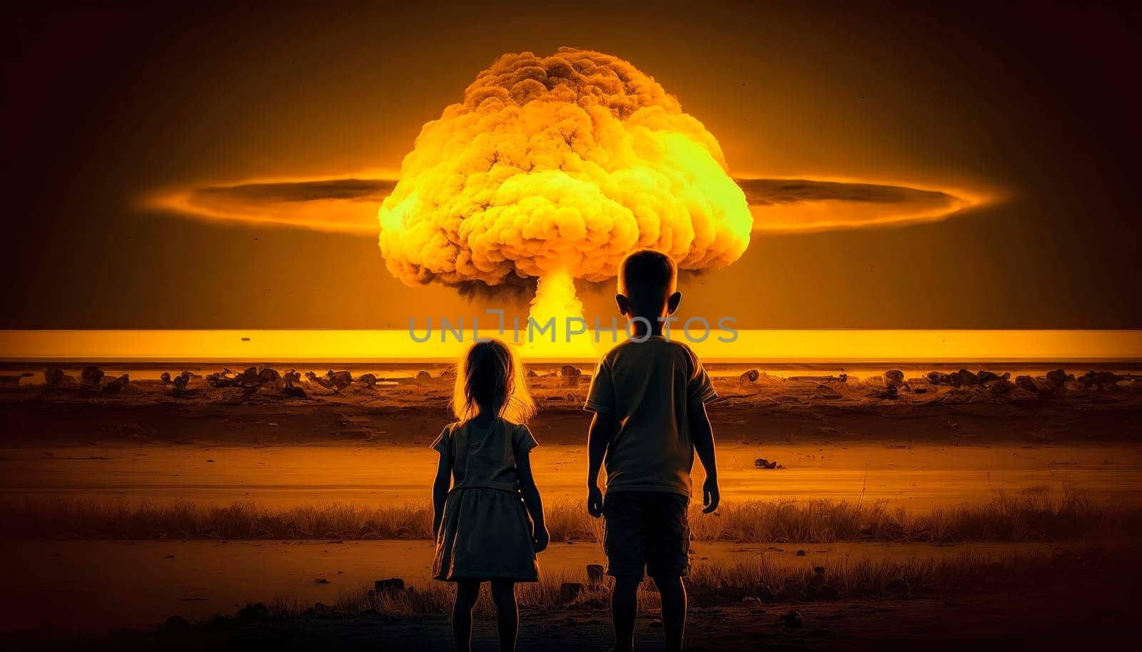 Children look at the nuclear explosion with their backs. Generative AI,