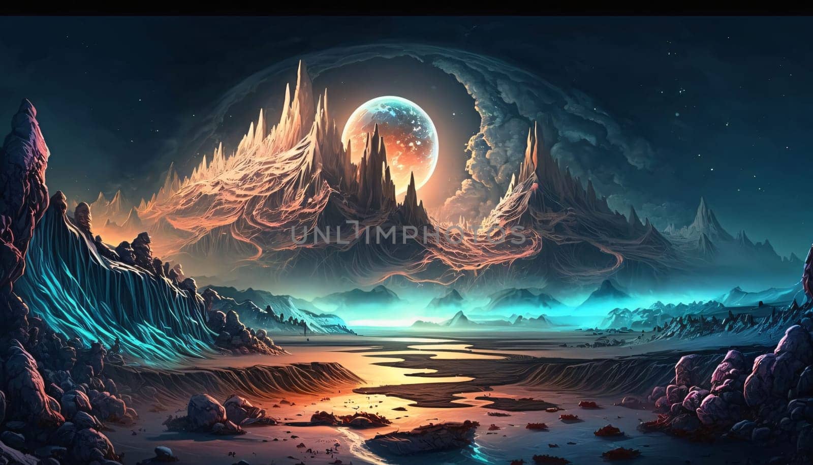 Banner: Fantasy alien planet. Mountain and lake. 3D illustration.