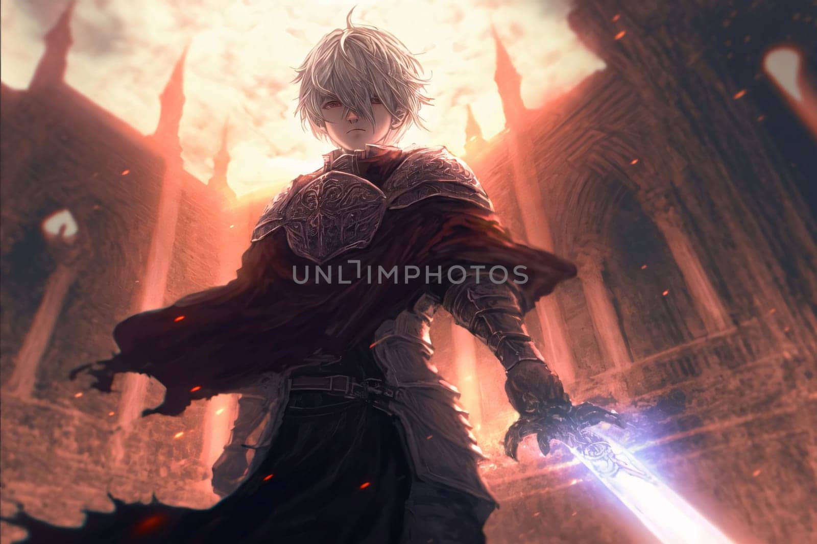 Banner: Fantasy scene with a knight in armor and sword against the background of the cathedral