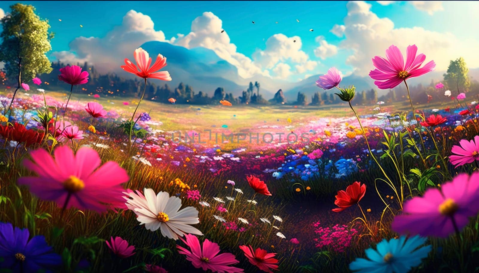 Colorful flower meadow in spring. Generative AI,