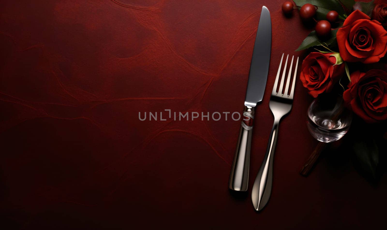 Banner: Valentine's day table setting with red roses and cutlery