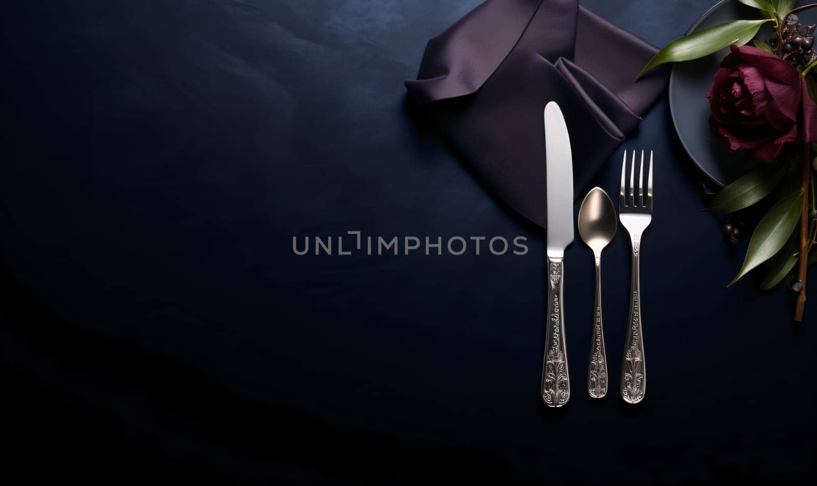 Banner: Vintage cutlery on dark blue background with copy space.