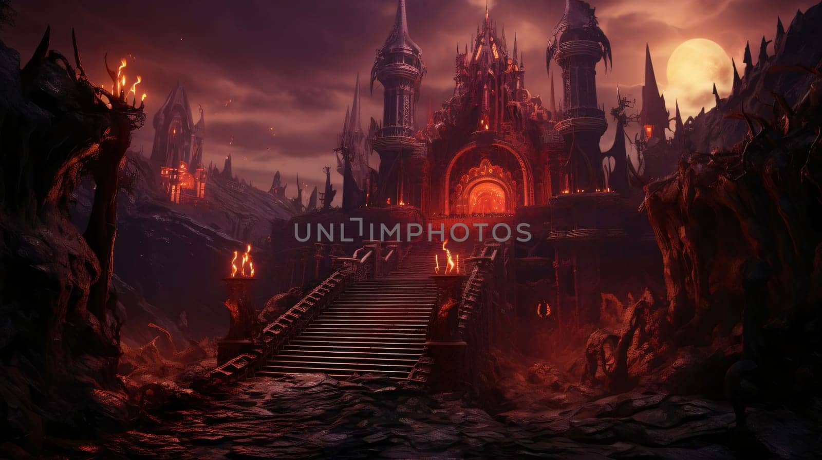 Banner: Fantasy landscape with castle, stairs and fire. 3D rendering