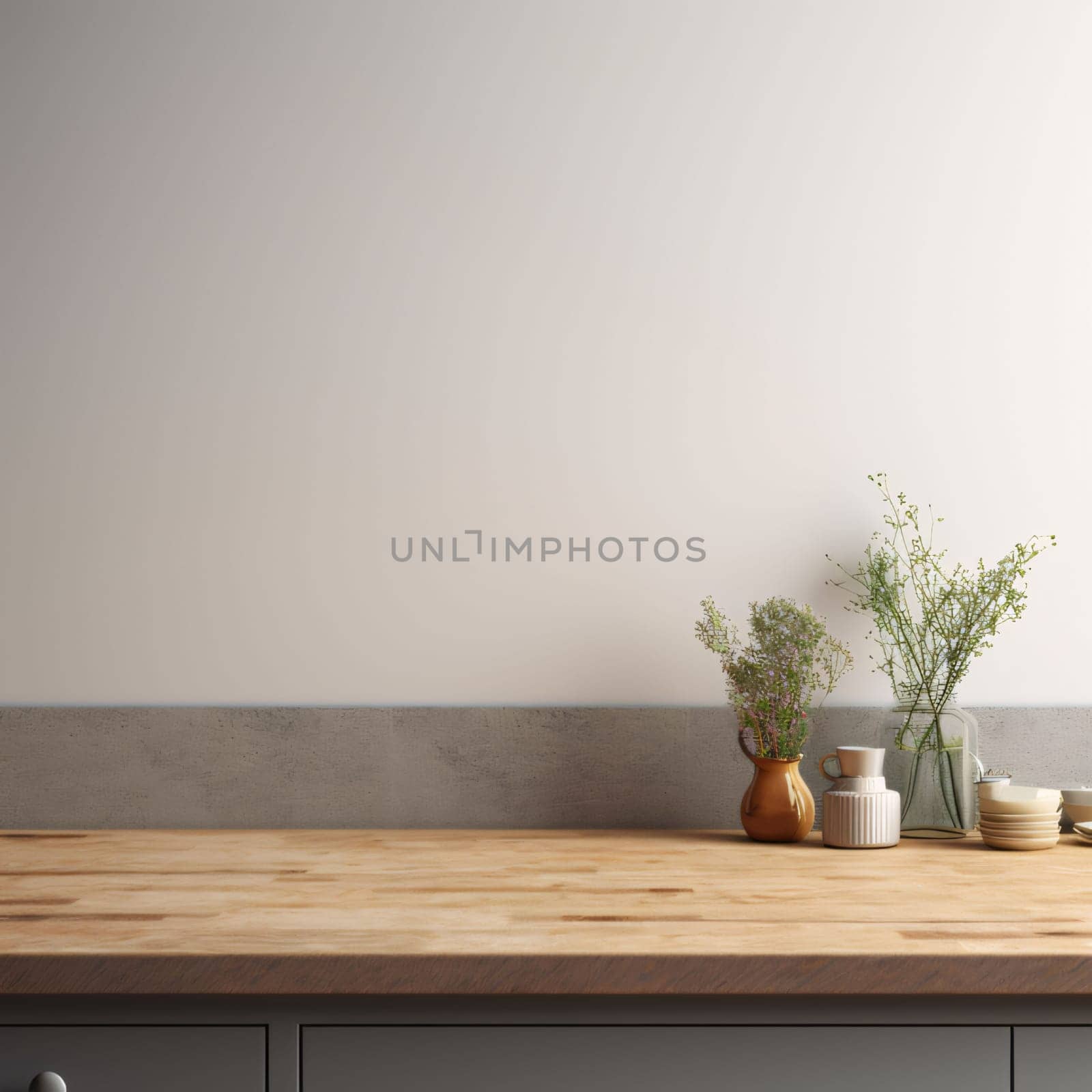 Banner: Interior of modern kitchen with white walls, concrete floor, gray countertops and wooden cupboards. 3d render