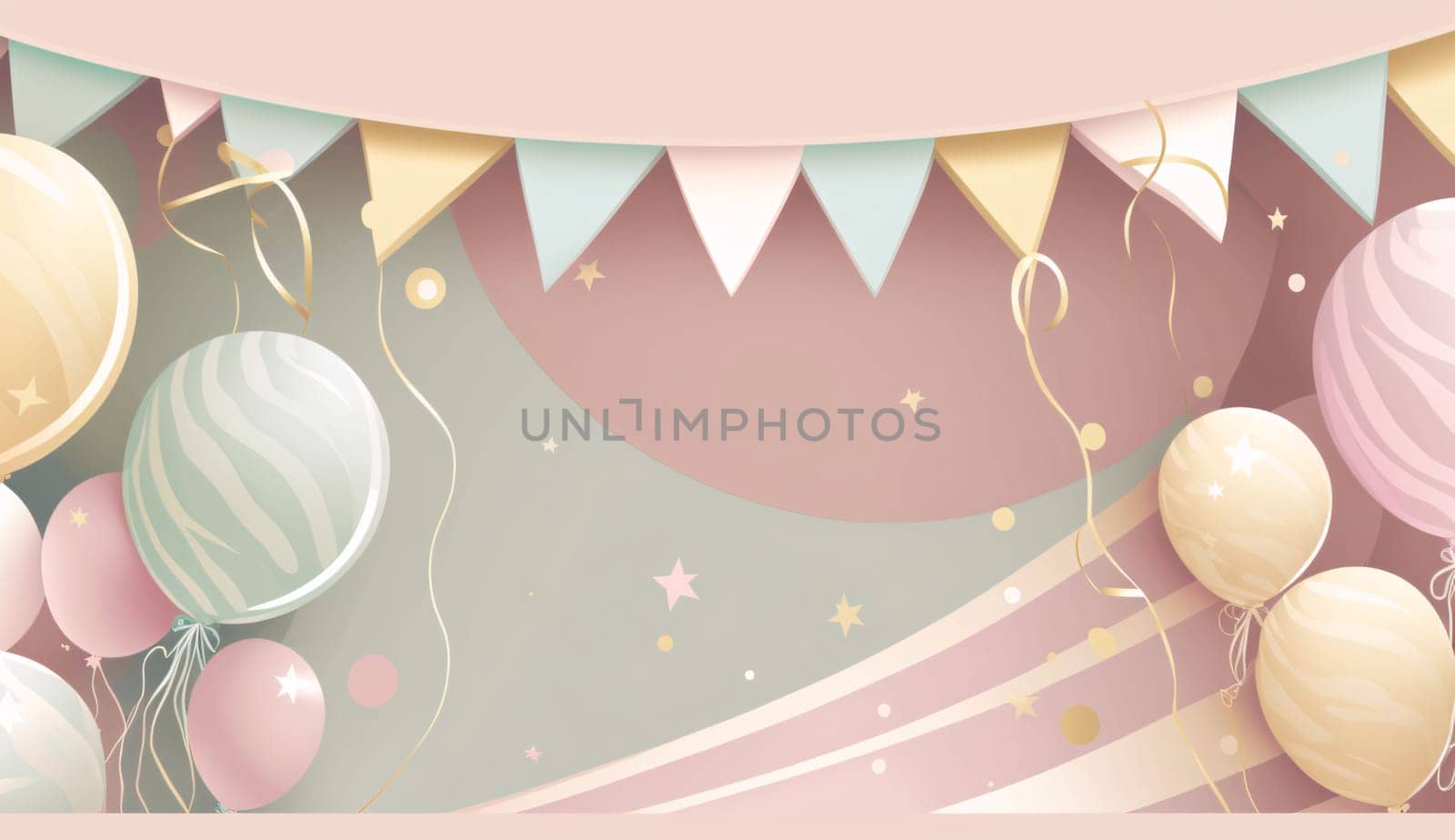 Banner: Background with balloons and garlands in pastel colors. Vector illustration.