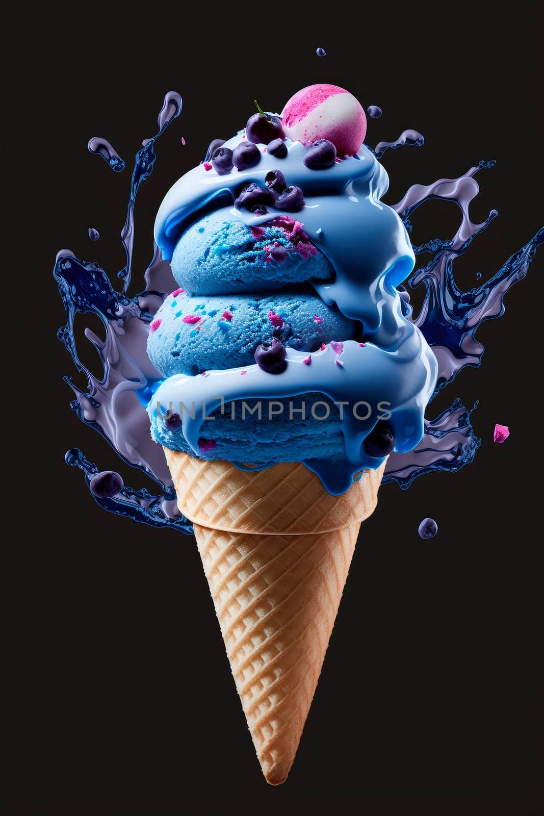 Ice cream cone with blueberries. Generative AI,