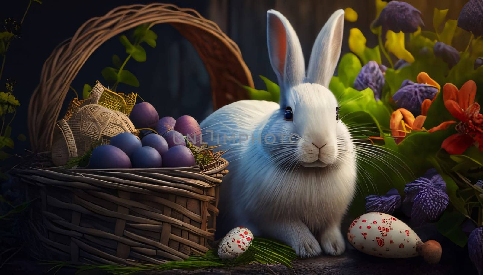 Feasts of the Lord's Resurrection: Easter bunny with basket of eggs and spring flowers on dark background