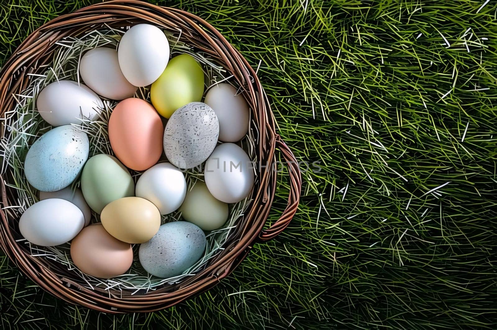 Feasts of the Lord's Resurrection: Colorful easter eggs in a basket on green grass background.
