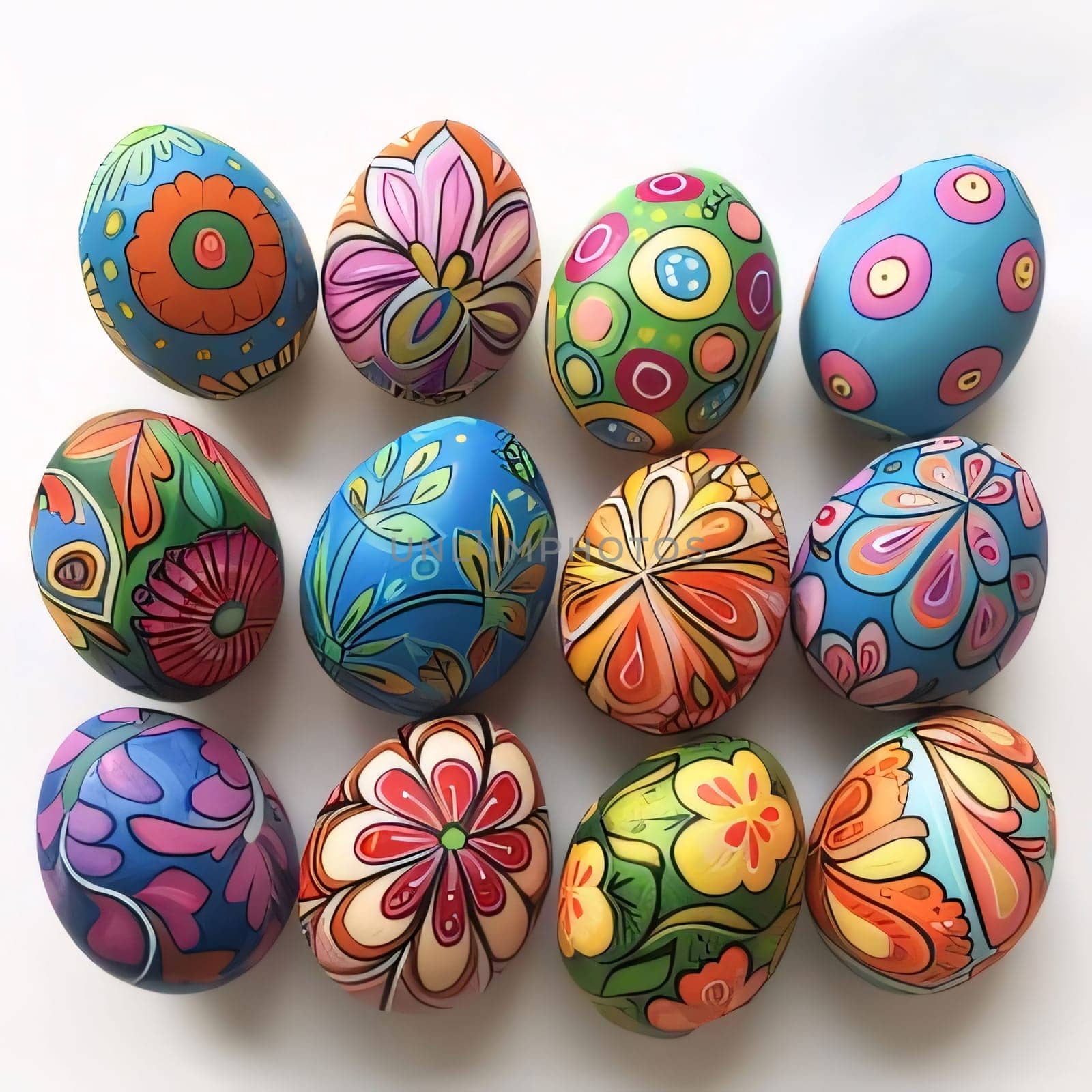 Feasts of the Lord's Resurrection: Painted easter eggs isolated on white background. Top view.