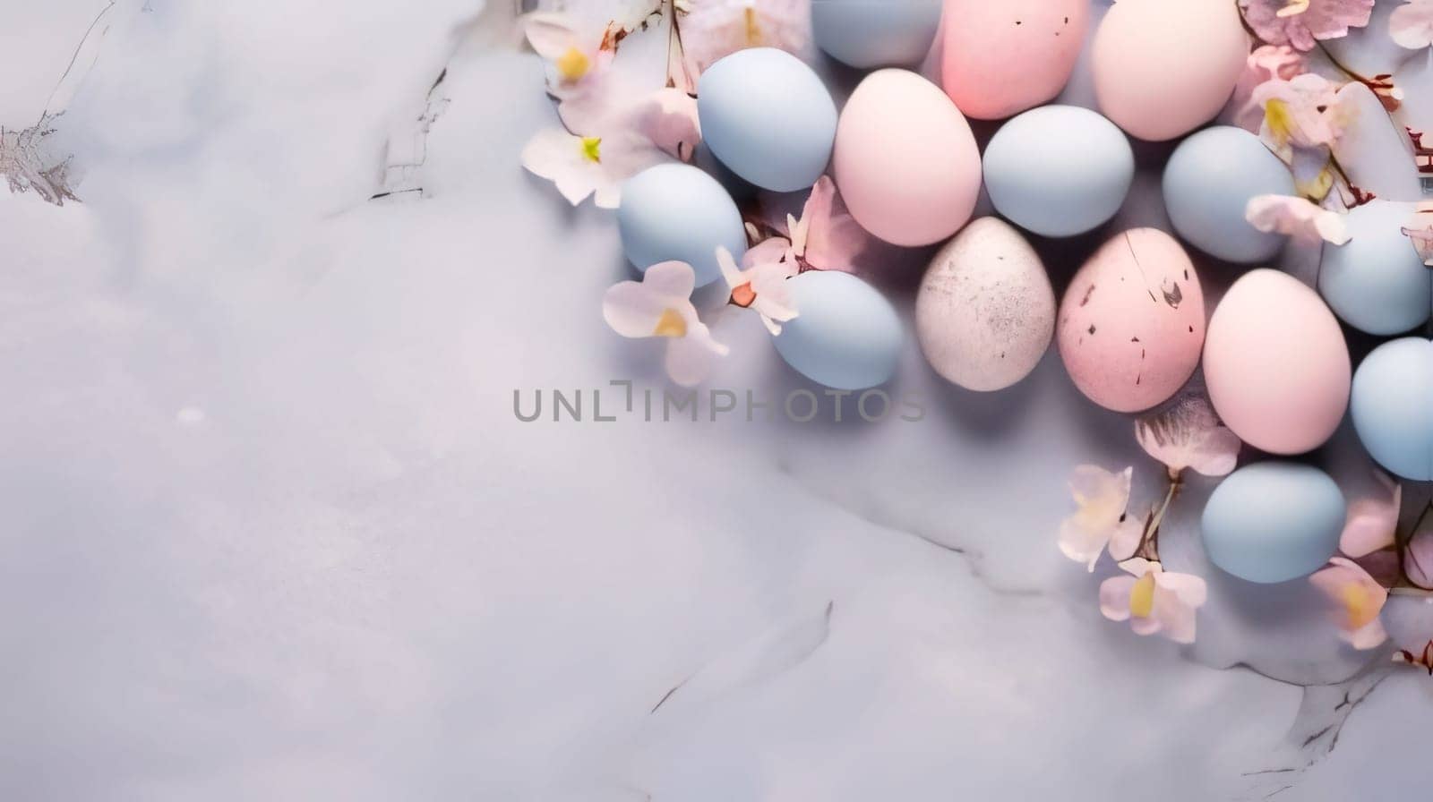 Feasts of the Lord's Resurrection: Easter eggs and spring Flowers background. Happy Easter concept