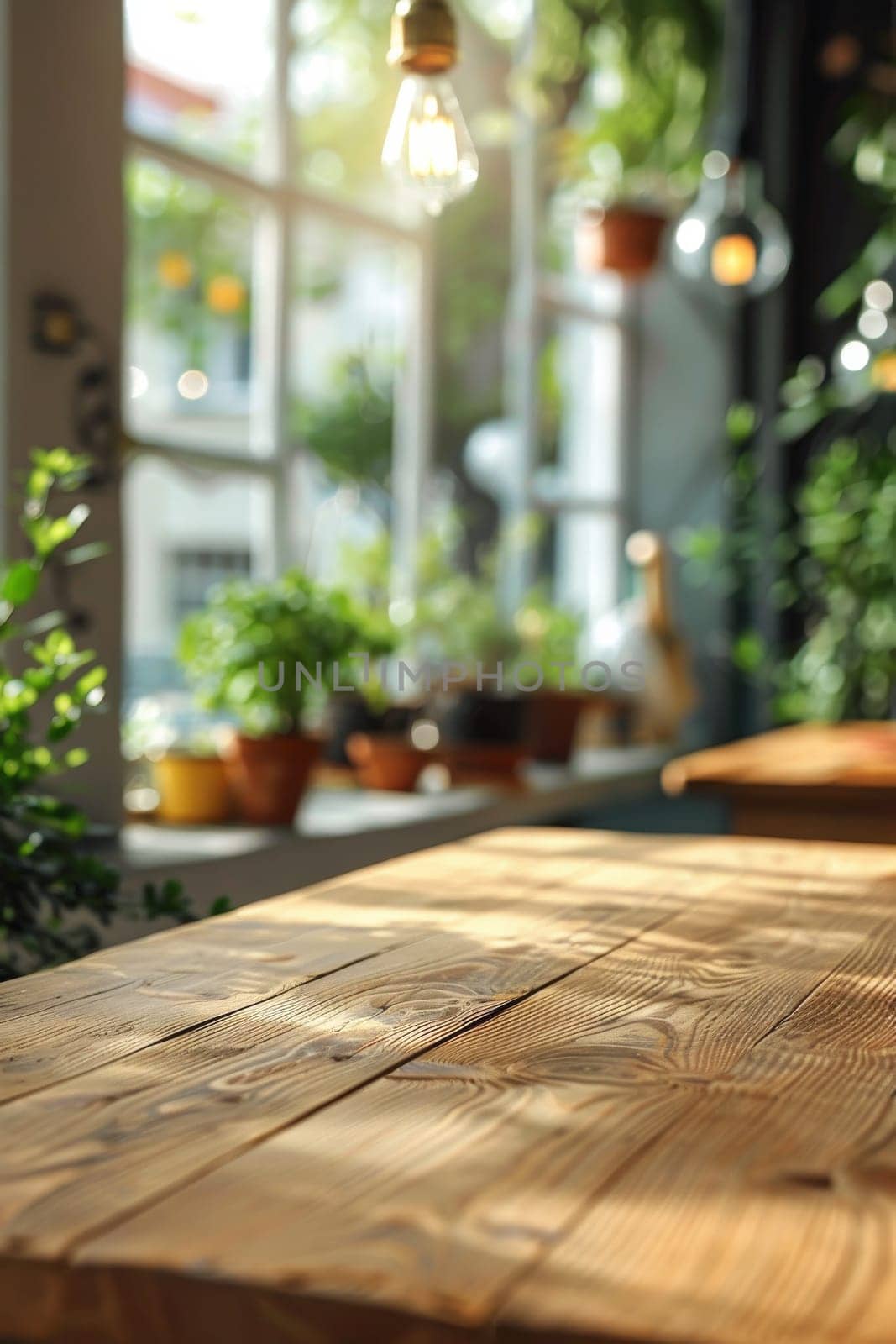 A wooden table with a view of a window and potted plants. The table is empty and the sunlight is shining on it