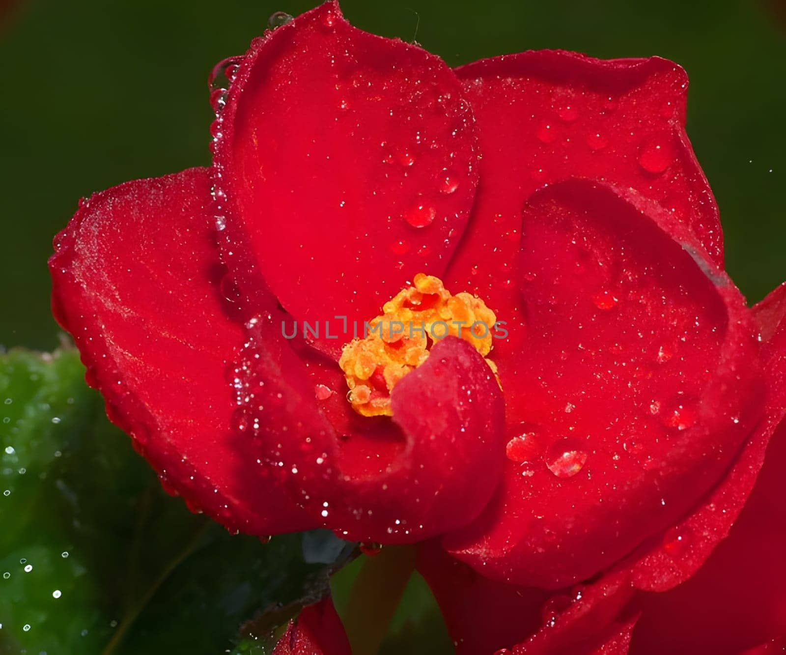 The vibrant red tulip glistens with dewdrops, adding a touch of magic to its beauty. Nature's artistry captured in a single flower.