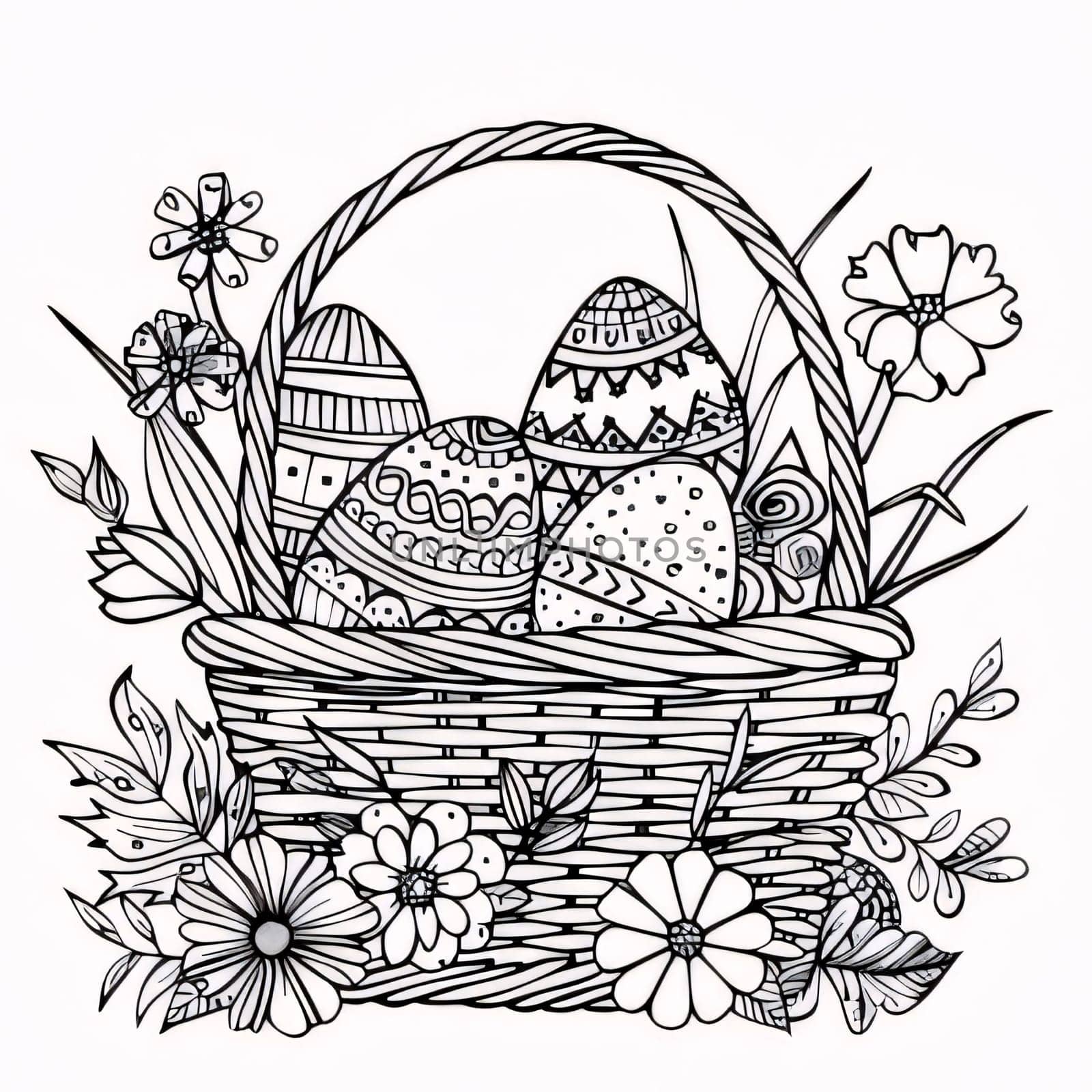 Feasts of the Lord's Resurrection: Easter basket with eggs and flowers. Vector illustration for coloring book.