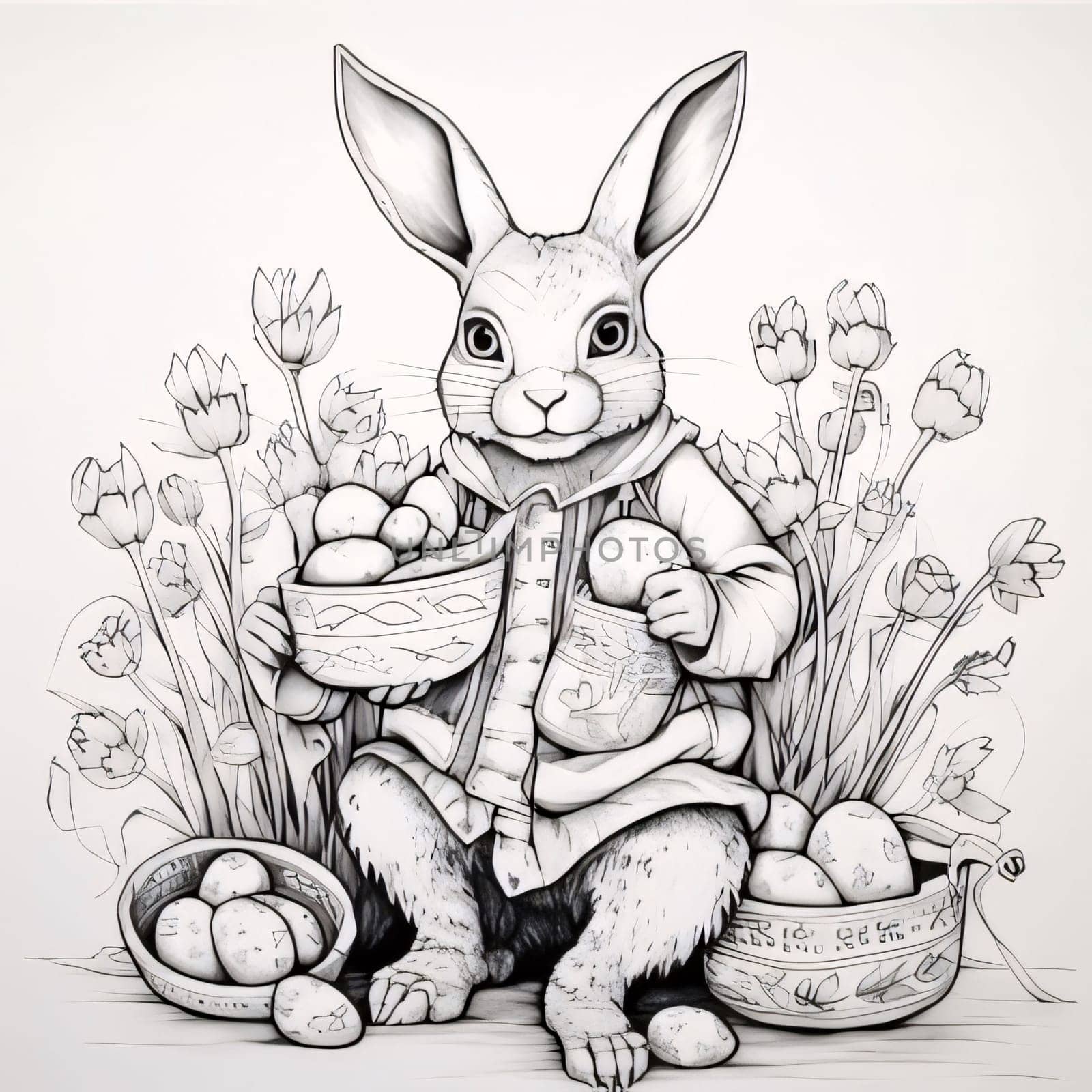 Feasts of the Lord's Resurrection: Easter bunny with basket of eggs and tulips, vector illustration