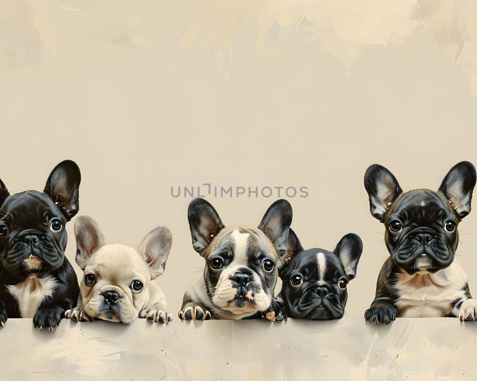 A line of French Bulldogs, a small toy dog breed, are gazing at the camera with their fawn coats and distinctive batlike ears and snouts, showcasing their role as companion dogs