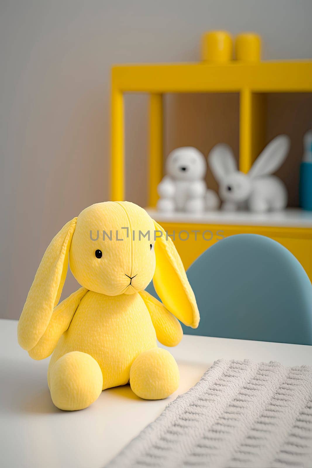 table with a plush toy hare in the baby room. Generative AI,