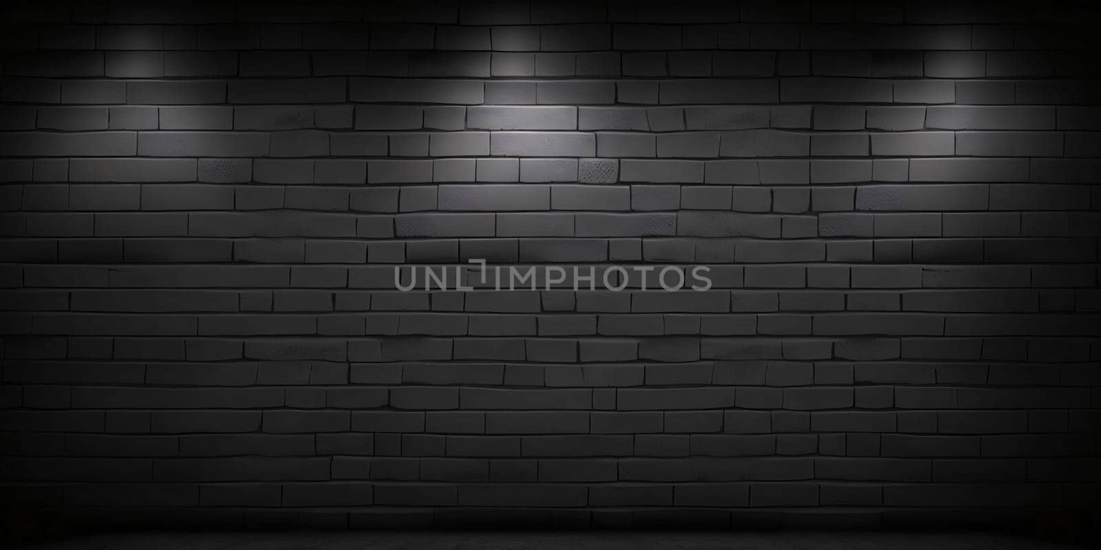 Banner: Black brick wall background with spotlights. 3d render illustration.