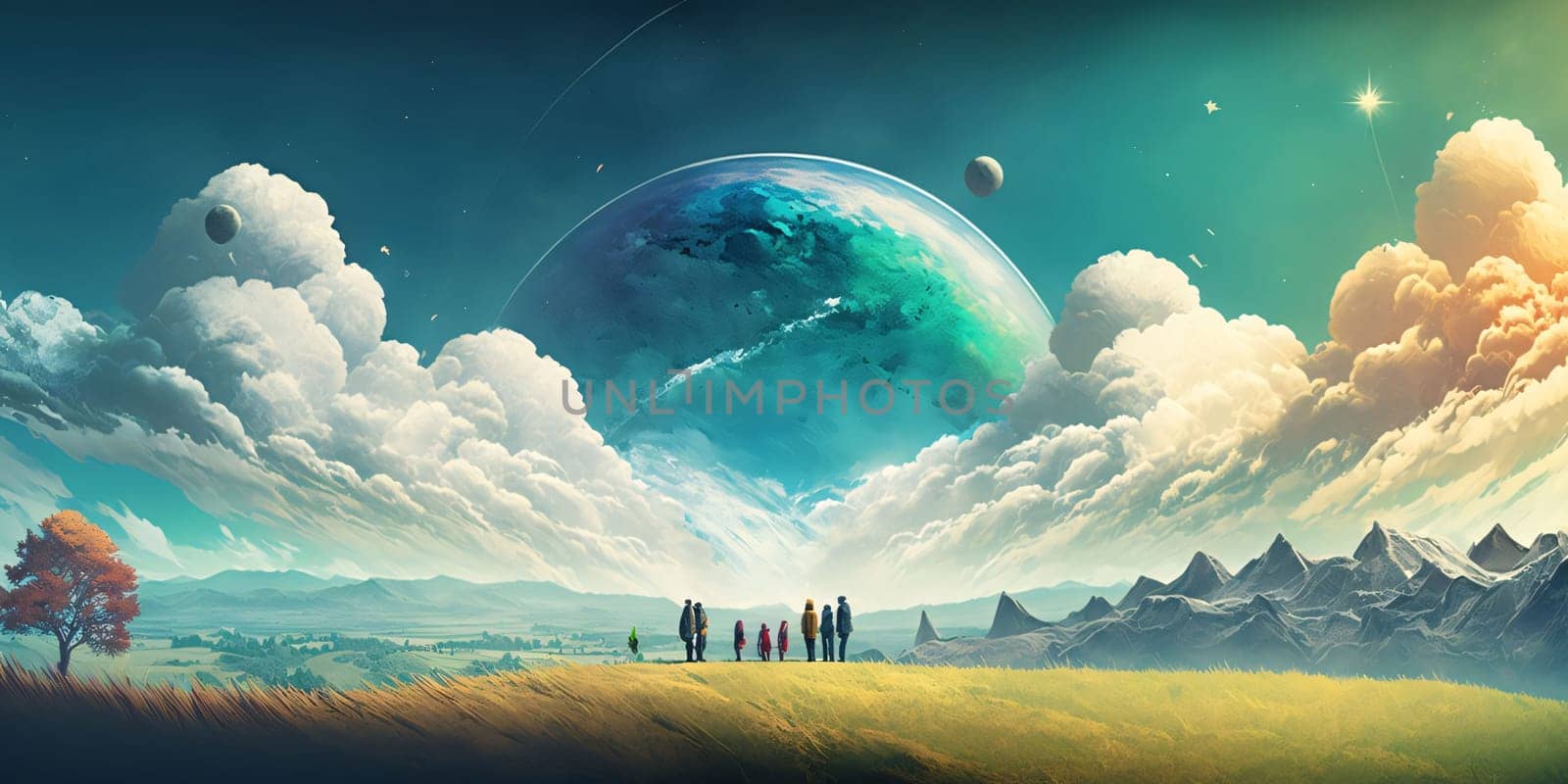 People standing on the meadow and looking at the planet. 3D rendering by ThemesS